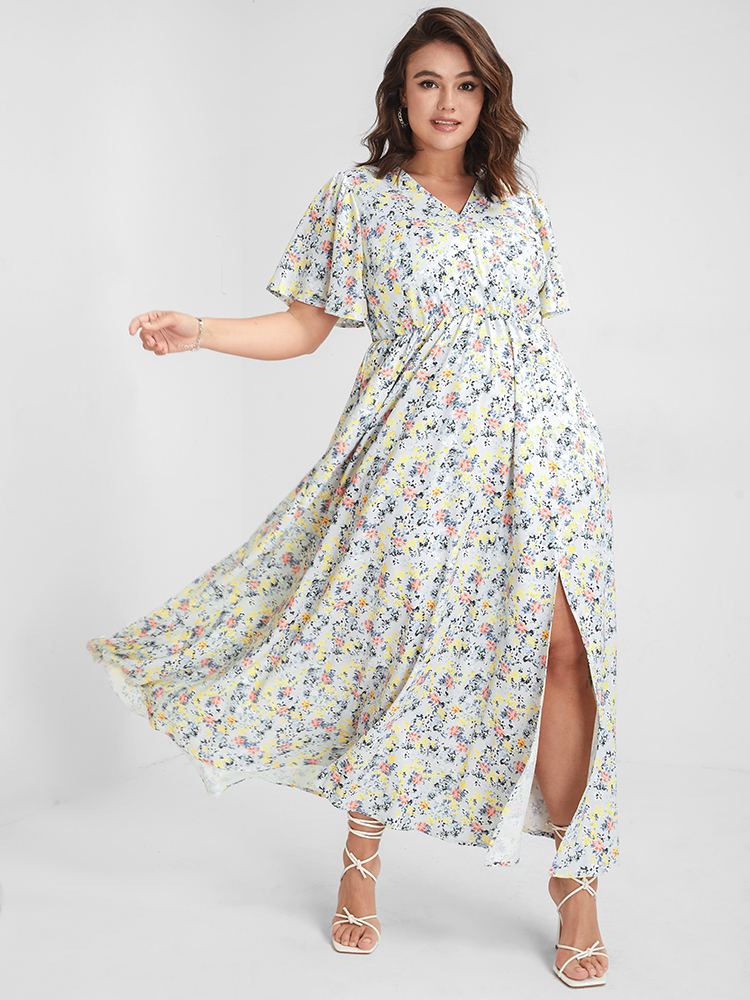 

Ditsy Floral Printed Vintage Plus Size Women Vacation Long Dress Ruffle Sleeve Half Sleeve V Neck Pocket Elegance Dresses BloomChic, Aquamarine